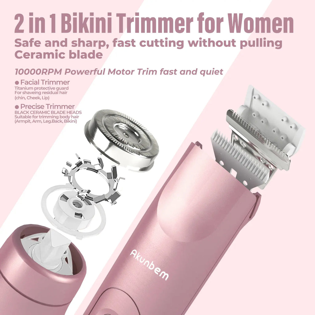 Akunbem 2-in-1 Rechargeable Bikini Trimmer & Electric Shaver for Women - Effortless Painless Grooming for Body & Face, IPX7 Waterproof, Perfect Gift for Holidays!