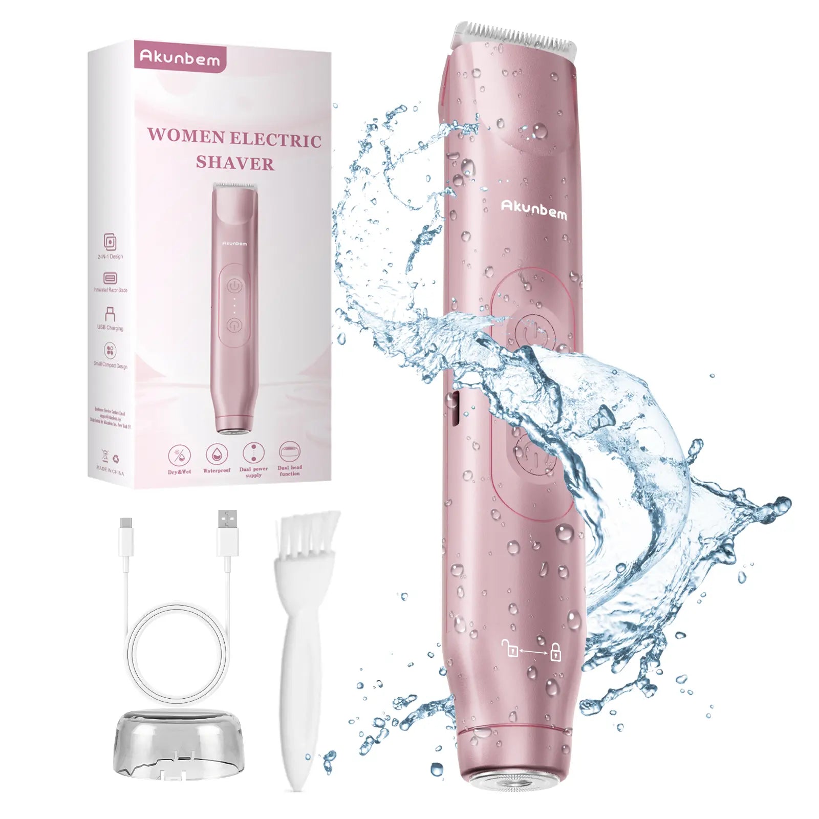 Akunbem 2-in-1 Rechargeable Bikini Trimmer & Electric Shaver for Women - Effortless Painless Grooming for Body & Face, IPX7 Waterproof, Perfect Gift for Holidays!