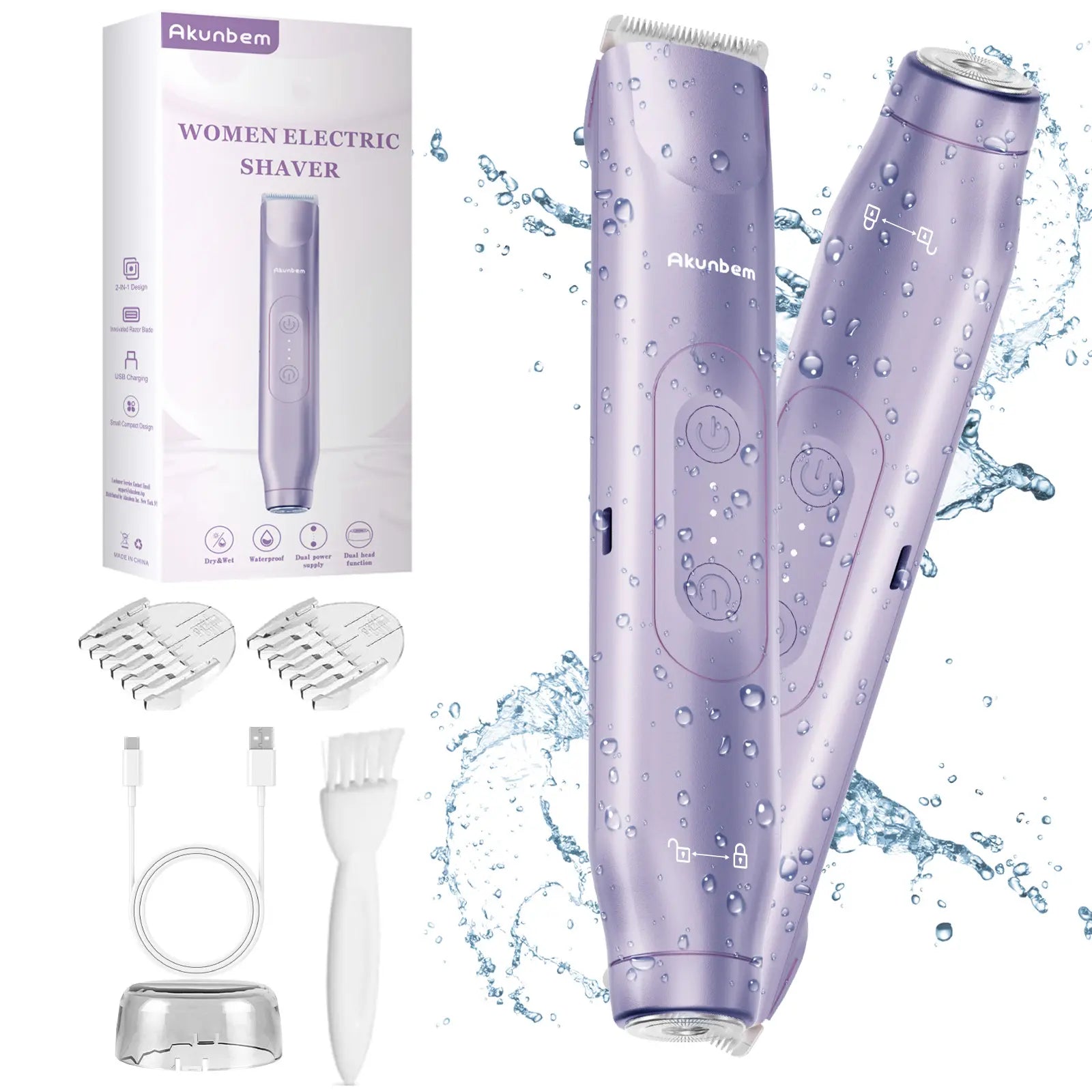 Akunbem 2-in-1 Rechargeable Bikini Trimmer & Electric Shaver for Women - Effortless Painless Grooming for Body & Face, IPX7 Waterproof, Perfect Gift for Holidays!